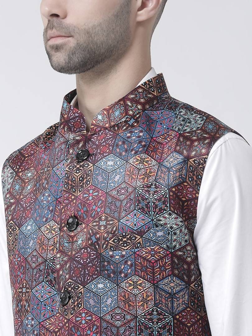 Men's Multicoloured 
Polyester
 Printed Nehru Jackets